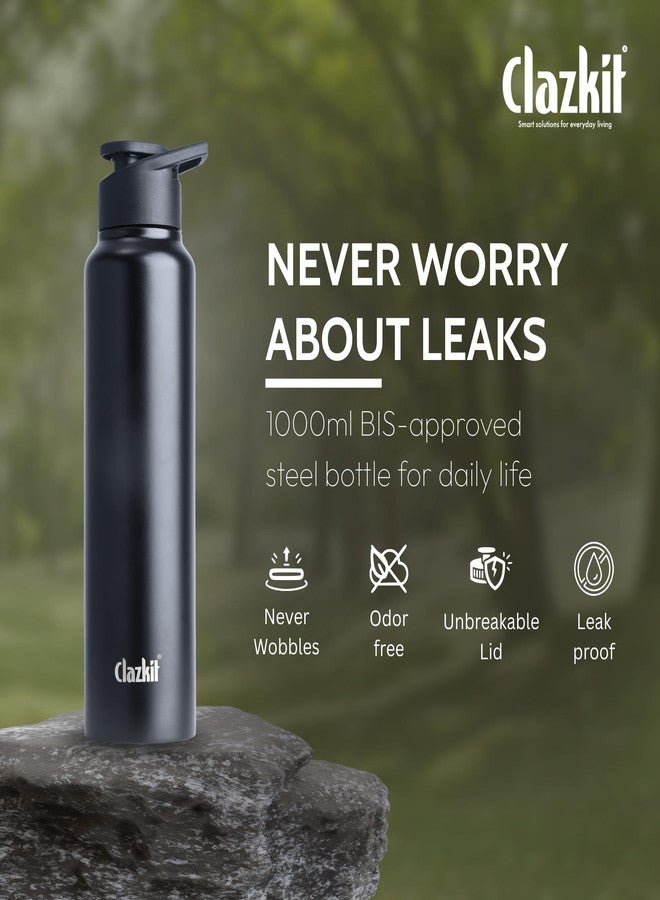 Clazkit زجاجة مياه Clazkit Amaze الرياضية المصنوعة من الفولاذ المقاوم للصدأ، لون أسود مطفي | معتمدة من ISI، مانعة للتسرب، خالية من الصدأ، خالية من مادة BPA، متينة للاستخدام في الثلاجة، والرياضة، والنادي الرياضي، واليوغا، والمكتب - سهلة التنظيف وقابلة لإعادة الاستخدام - سعة 1000 مل - Image 3